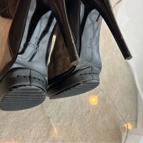 Italian Designer Suede Brown Green Khaki Knee High Fur Boots Platform High Heels - Picture 6 of 14